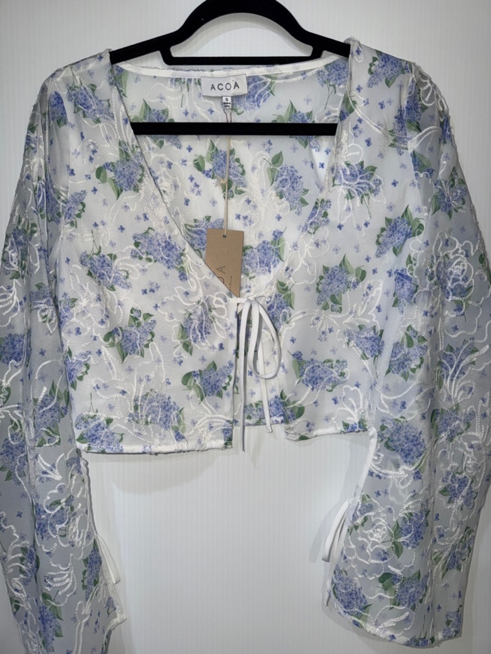 TWO PIECE -White Floral Tie-Front Sheer Crop Top - Blue Floral & Matching Skirt